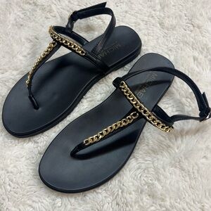 Michael Kors Womens Black  Gold  Adjustable Buckle Strap Flat Sandals Size 6
